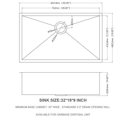 32 Inch Undermount Sink - 32" x 19" x 9" Undermount Stainless Steel Kitchen Sink 16 Gauge 9 Inch Deep Single Bowl Kitchen Sink Basin, Includes Drain Assembly (No Additional Accessories)
