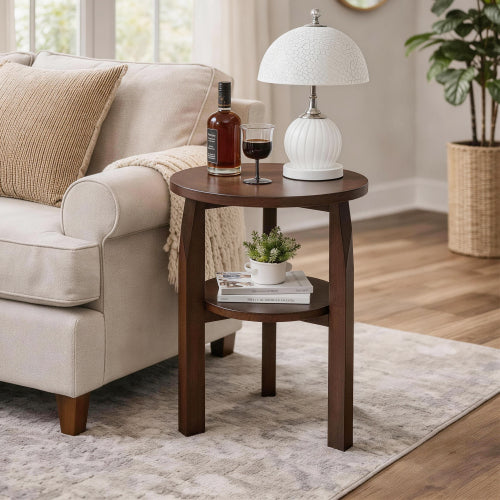 Solid Rubberwood 2-Tier Round End Table, Open Shelf Accent Side Table for Living Room Bedroom