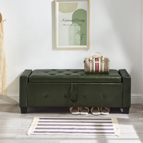 48'' Storage Ottoman Bench Tufted Faux Leather Upholstered Bench Dark Green
