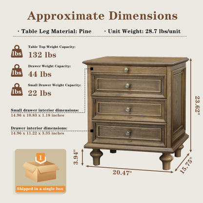 Farmhouse Nightstands with 4 Drawer,Wood Storage End Table with Hidden Pull-Out Shelf, Large Side Table with 4 Solid Wood Feet and Metal Handle,Easy Assembly,Light Brown