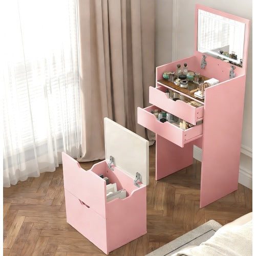 3-in-1 Multifunctional Vanity Desk Set, Flip-Up Mirror, 3-Color Lights, 2 Drawers, Hidden Storage Stool, White