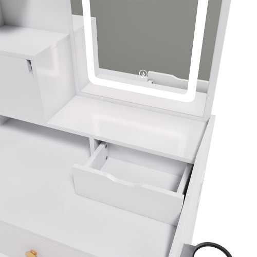 White 3-Color LED Vanity Mirror with Stool, 2 Drawers & 5 Storage Cabinets (4 Open + 1 Hidden), Adjustable Lighting