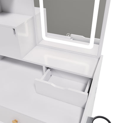 White 3-Color LED Vanity Mirror with Stool, 2 Drawers & 5 Storage Cabinets (4 Open + 1 Hidden), Adjustable Lighting
