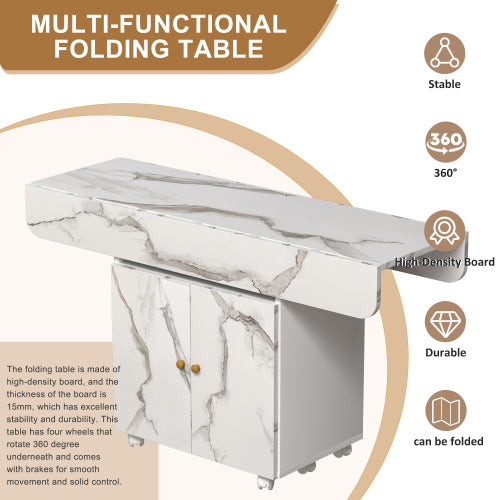 Folding Dining Table with Storage Cabinet Wheels and Marble Finish White
