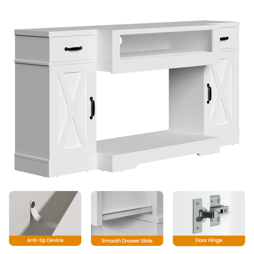 White Farmhouse 65 inch TV Stand with Adjustable Shelves and Storage