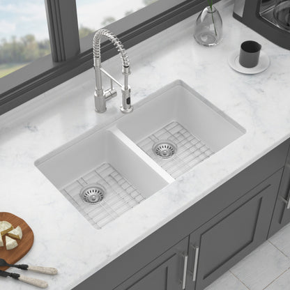 Quartz Kitchen Sink - 33" x 19" x 10.33" White granite composite undermount kitchen sink Double Bowl(50/50)
