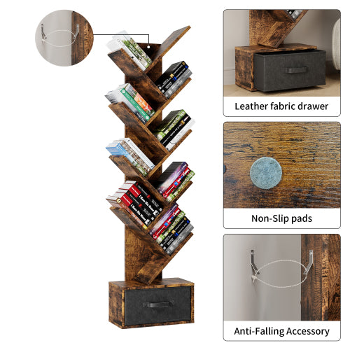 Rustic Brown 9-Tier Tree-Shaped Bookshelf with Drawer, MDF Vertical Storage Rack 15¡Á7.7¡Á55.5 Inch