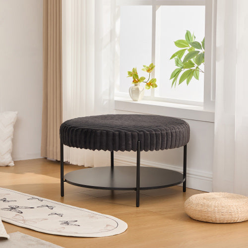 30.9 Inch Charcoal Faux Fur Round Ottoman, Open Storage Shelf Footstool with Black Metal Legs, Supports 275 Lbs