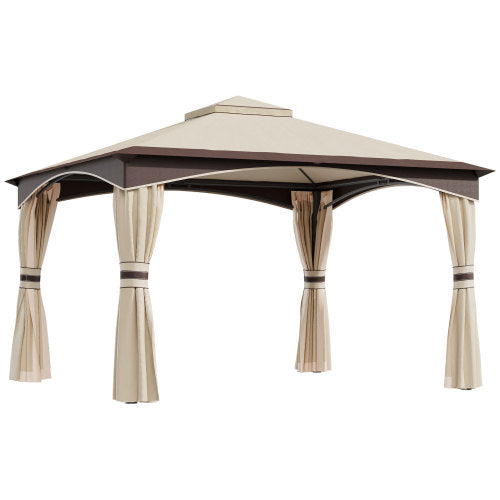 Outsunny 10' x 12' Outdoor Gazebo with Netting and Curtains, Patio Gazebo Canopy with 2-Tier Soft Top Roof and Steel Frame for Lawn, Garden, Backyard and Deck