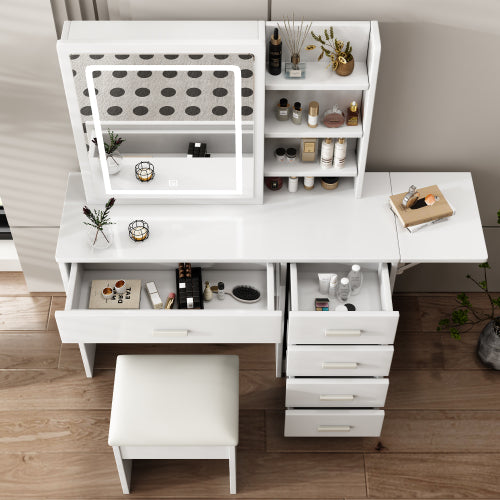 White Vanity Desk with Mirror & Lights, 5 Drawers, Open Shelves & Chair, 3 Color Adjustable LED Lighting