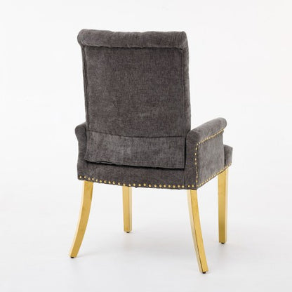 Tufted Chenille Dining Armchair with Nailhead Trim and Steel Legs, Gray