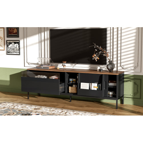 Mid Century Modern 75 Inch TV Stand with Sliding Doors Walnut Console
