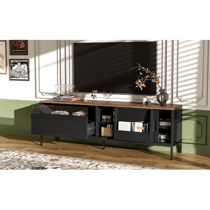 Mid Century Modern 75 Inch TV Stand with Sliding Doors Walnut Console