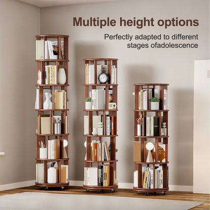 Solid Wood 360° Rotating 4-Tier Wheel Mobile Walnut Bookshelf
