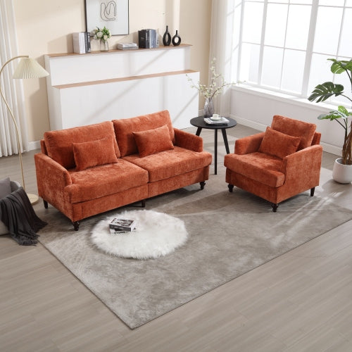 Orange Chenille Mid-Century 2-Seat Loveseat,Brown Wood Legs