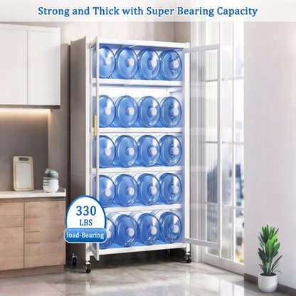 65" Kitchen Pantry Storage Cabinet, 6 Tier Metal Display Storage Cabinet with Transparent Door, Adjustable Shelves & Wheels, Food Pantries Cabinets, for Kitchen, Living Room and Dining Room, White