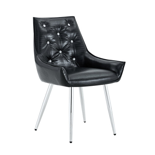 Set of 2 Black Crocodile Pattern PU Dining Chairs, Diamond Tuft Chrome Metal Leg Luxury Accent Chairs