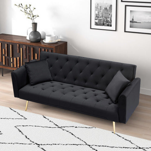 71-Inch Black Velvet Foldable Retro Double Sofa Bed for Small Spaces