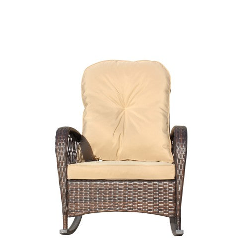 Outdoor Wicker Rocking Chair with Wide Seat, Thick, Soft Cushion, Rattan Rocker w/Steel Frame, High Weight Capacity for Patio, Garden, Backyard, Shallow brown Cushion