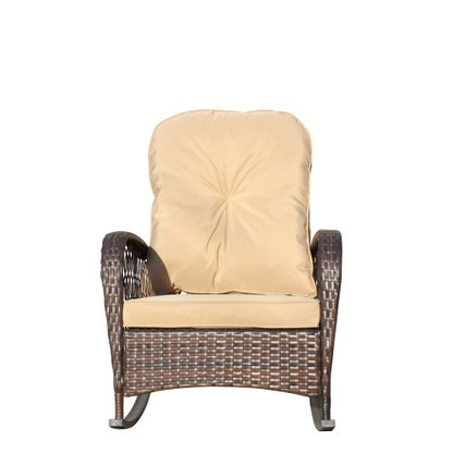 Outdoor Wicker Rocking Chair with Wide Seat, Thick, Soft Cushion, Rattan Rocker w/Steel Frame, High Weight Capacity for Patio, Garden, Backyard, Shallow brown Cushion