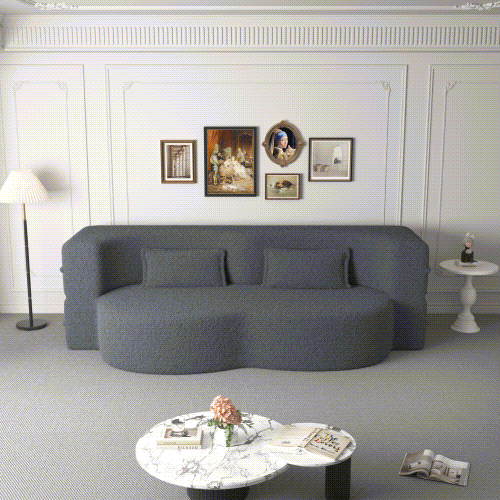 Grey Full-Size Convertible Sherpa-Fleece Floor Sofa-Bed 15 inch  Height with 2 Pillows No-Assembly Folding Mattress for Living-Room Play-Room