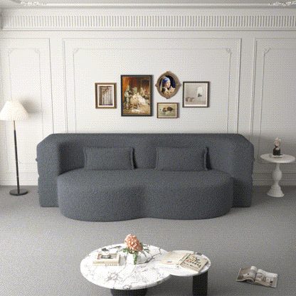 Grey Full-Size Convertible Sherpa-Fleece Floor Sofa-Bed 15 inch  Height with 2 Pillows No-Assembly Folding Mattress for Living-Room Play-Room