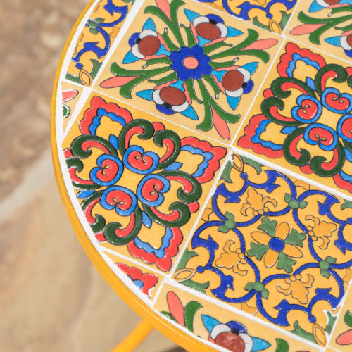 Outdoor Side Table with Tile Mosaic Table Top and Metal Legs, Yellow