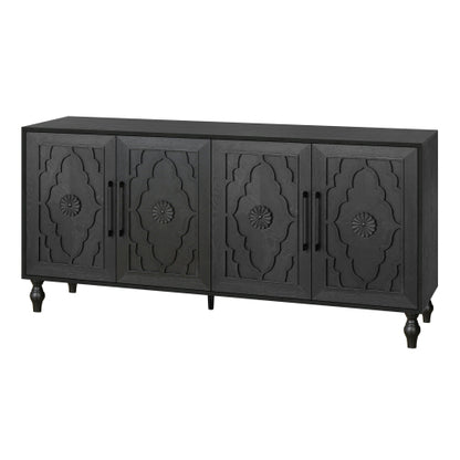 Black Carved Flower Door Storage Cabinet Metal Handle Large Hall Console TV Stand