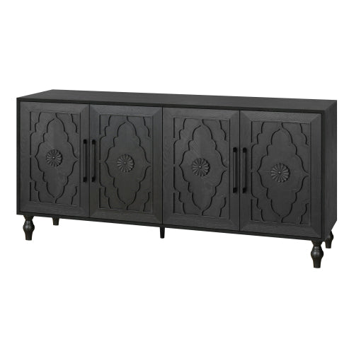 Black Carved Flower Door Storage Cabinet Metal Handle Large Hall Console TV Stand