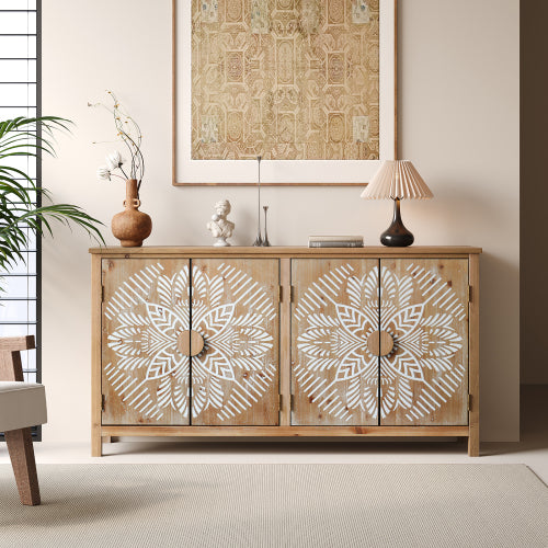60 Inch Vintage Four-Door Wooden Accent Cabinet Multi-Purpose Buffet Cabinet TV Console For Entryway Living Room