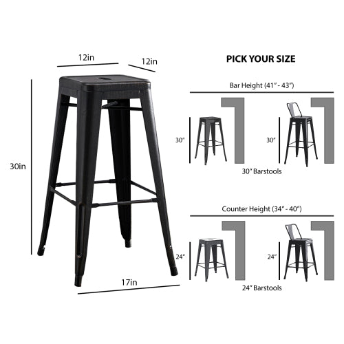 Backless Modern Light Weight Industrial Contemporary Rustic Vintage Costal Metal Bar Stools Without Back and 4 Leg Design (Set of 2) (30inch Seat, Distressed Black)