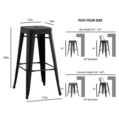Backless Modern Light Weight Industrial Contemporary Rustic Vintage Costal Metal Bar Stools Without Back and 4 Leg Design (Set of 2) (30inch Seat, Distressed Black)