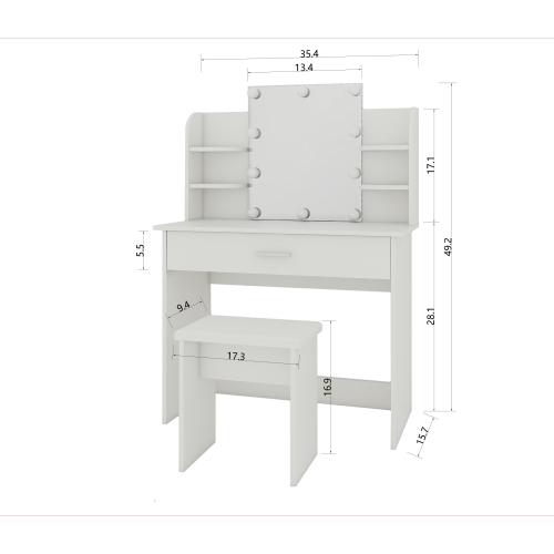 White One Drawer Dresser Vanity Table with Open Shelves, Adjustable Mirror & Matching Stool, Compact