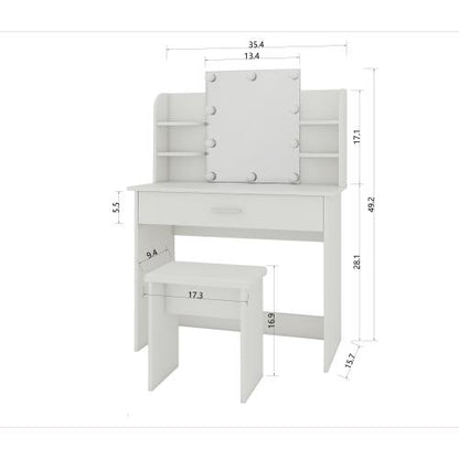White One Drawer Dresser Vanity Table with Open Shelves, Adjustable Mirror & Matching Stool, Compact