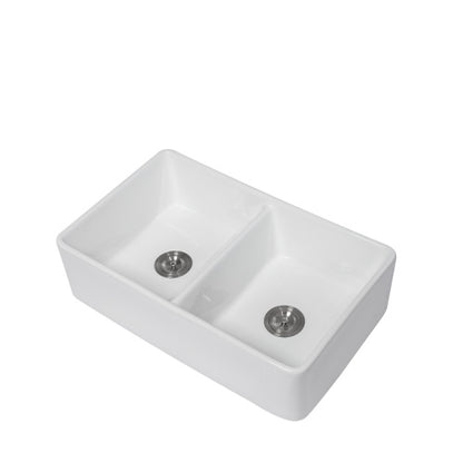 White Farmhouse Sink - 32 x 20 x 9 inches Ceramic Porcelain Double Bowl Farm Apron Front Kitchen Sink