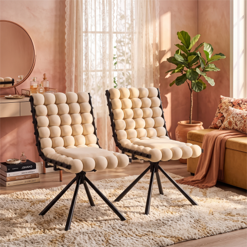 Set of 2 Beige Velvet Bubble Tufted Swivel Dining Chairs, Unique Ball Chain Back, Black Metal Legs