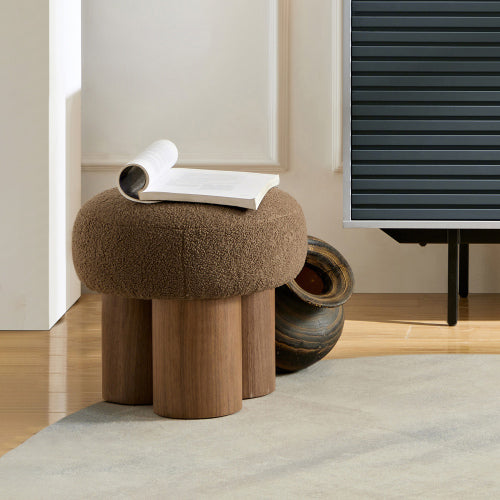 Brown Teddy Mushroom Ottoman Stool, Walnut Veneer Barrel Base Cute Footrest for Entryway & Kids Room