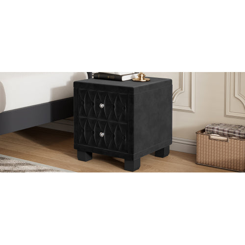 Elegant Velvet Nightstand with 2 Drawers and Crystal Handle, Storage Bedside Table with Button-Tufted, Black