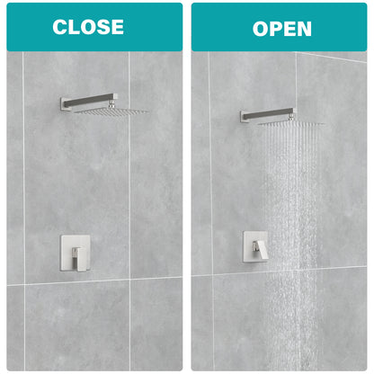 Single Handle 1-Spray Shower Faucet 2.5 GPM with Wall Mounted 10 in. Rain Shower Head Faucet in Brushed Nickel