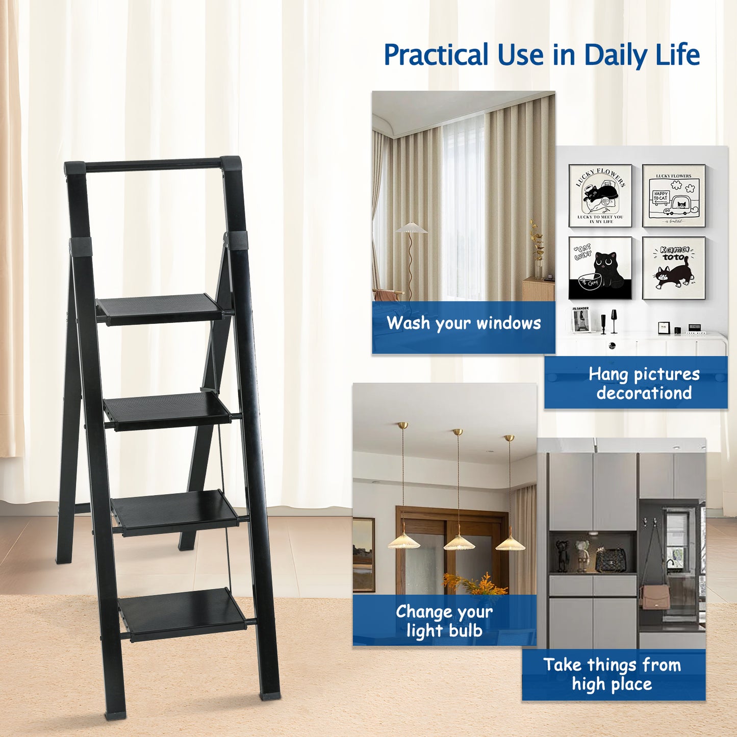 4 Aluminum Step Ladder, 4 Step Stool Folding Step Stool with Handrails, Sturdy Step Stool for Adult, Gorilla Ladders 500LBS Capacity Sturdy& Portable Ladder for Home Kitchen Library Office