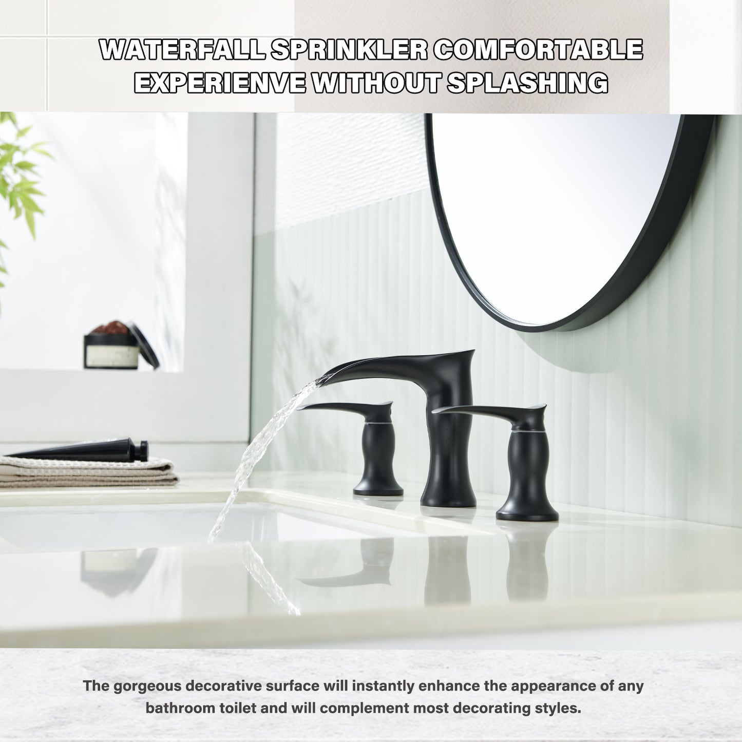 8 in. Widespread Waterfall 2-Handles 3-Holes Bathroom Faucet Lavatory Vanity Sink Faucet in Matte Black
