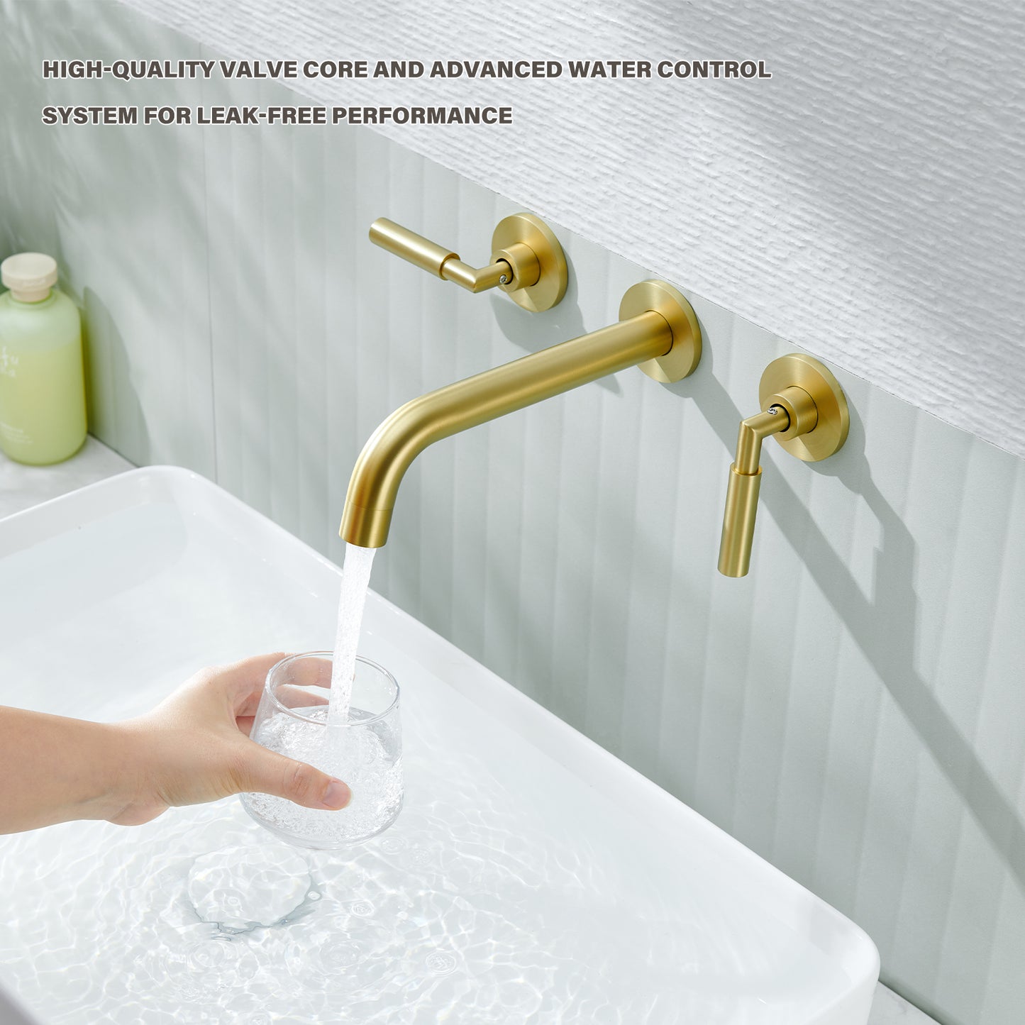 3-Hole 2-Handles Brass Wall-Mount Bathroom Faucet in Brushed Gold