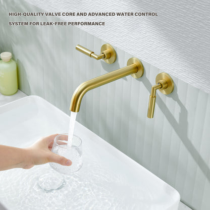 3-Hole 2-Handles Brass Wall-Mount Bathroom Faucet in Brushed Gold