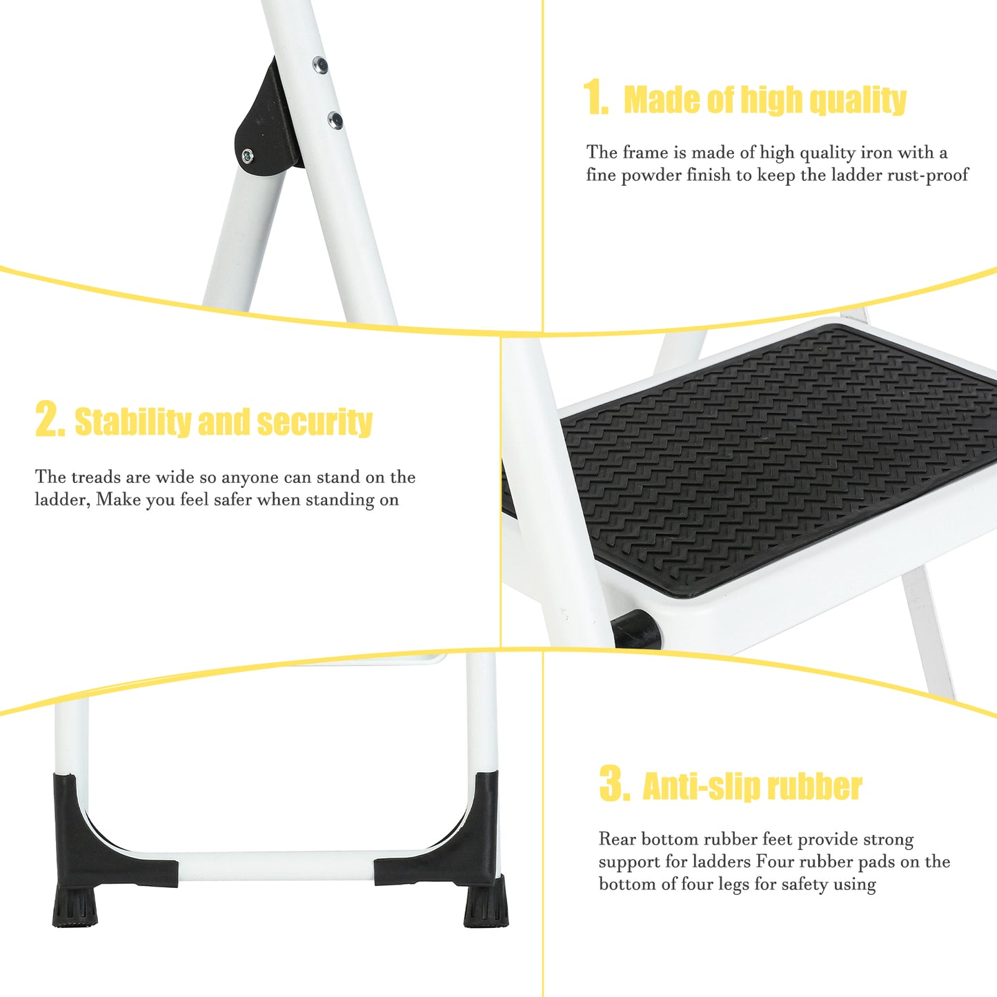 3-Step white Iron Ladder Foldable Non-slip Outdoor Ladder Loading 330 lbs. for Home, Kitchen, Office