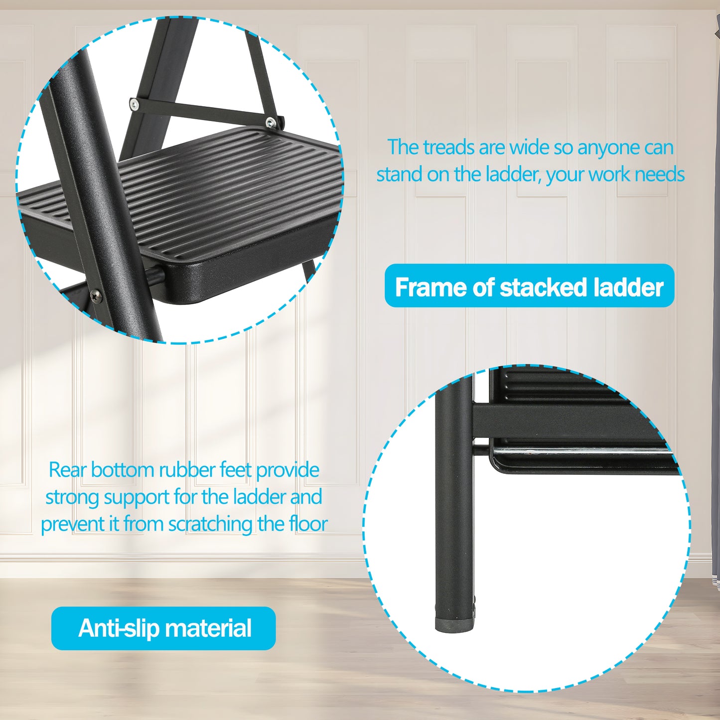 Foldable 3-step Iron Ladder, Load-Bearing Capacity 330 lbs., with Non-Slip and Widened Steps