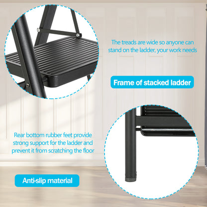 Foldable 3-step Iron Ladder, Load-Bearing Capacity 330 lbs., with Non-Slip and Widened Steps