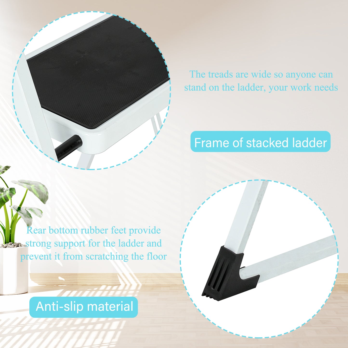 2-Step White Iron Ladder Foldable Non-slip Outdoor Ladder Loading 330 lbs. for Home, Kitchen, Office