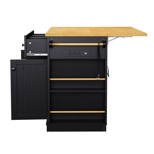 53inch Large Kitchen Island with Drop Leaf, Power Outlet, Door Internal Storage Rack, Rolling Kitchen Cart on 5 Wheels with 5 Open Side Racks for Kitchen, Dining Room,Black(Not include bar stools)