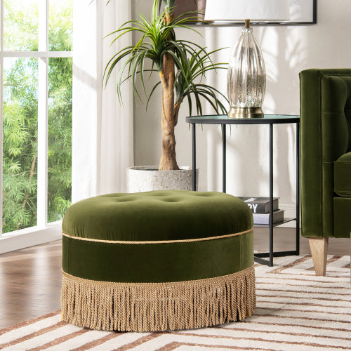 24 inch Round Upholstered Accent Ottoman, Olive Green Performance Velvet Round Foot Stool