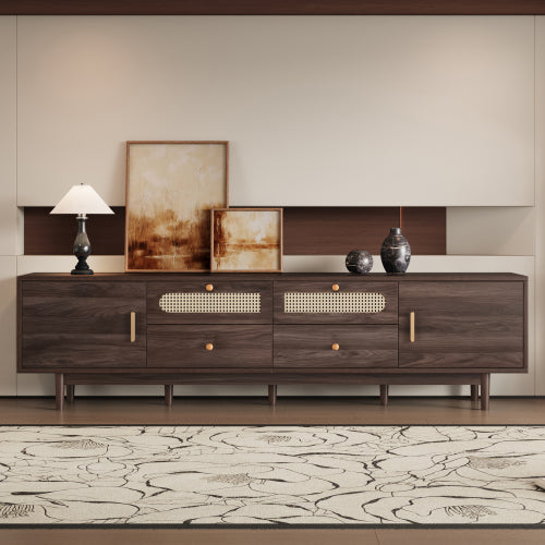 76.8 inch Dark Brown PE Rattan TV Stand Soft Close Cabinets For 85 Inch Large Screen TV